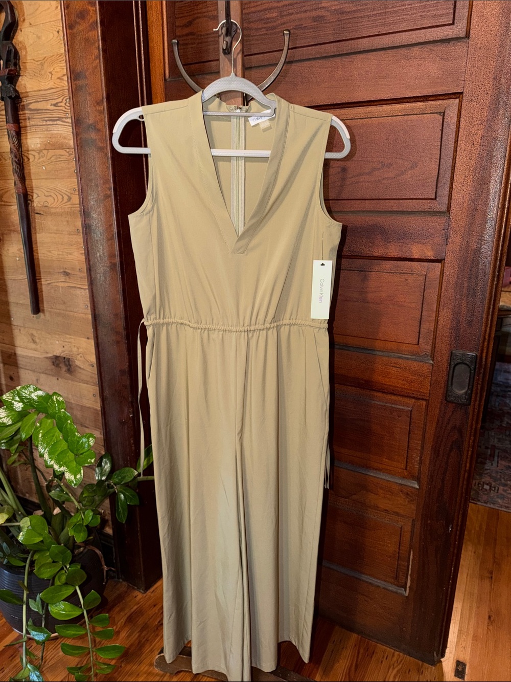 Calvin Klein Sleeveless Wide Leg Jumpsuit in Light Beige